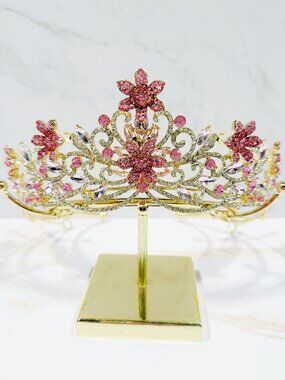Gold Medieval Tiara, Pink Flower Crown, Renaissance Crown, Bride Hair Jewelry